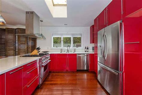 red cabinets kitchen with stainless steel countertops|bright red kitchen cabinets.